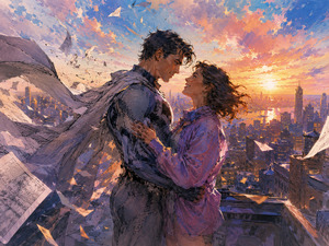 High above the city at sunrise, two lovers reunite as sheets of comic artwork whirl around them in the wind. The mans sketched clothing gradually becomes painted and real beneath the glowing sky. Their tender embrace celebrates love overcoming distance, danger, and the boundaries between two very different worlds.