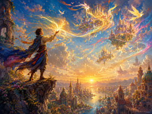 A joyful dream-weaver stands above a radiant city at sunrise, releasing golden streams of magic into the sky. Floating castles, luminous birds, and ribbons of color form from the light, transforming imagination into reality. The scene celebrates hope, confidence, and the exhilarating moment when impossible dreams finally begin to come true.