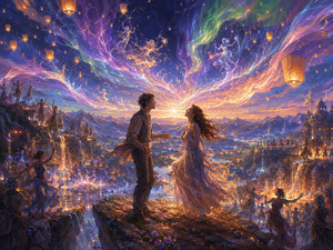 A couple stands at the heart of a magical mountaintop celebration as music becomes glowing color across the sky. Floating lanterns, celestial dancers, sparkling waterfalls, and joyful crowds surround them beneath sweeping auroras. The scene expresses astonishment, romance, and the radiant energy of two people making each others dreams feel possible.