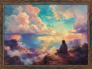 A solitary figure sits quietly above a luminous canyon, surrounded by mist, waterfalls, glowing rivers, and enormous pastel clouds. Turquoise skies and golden sunbeams transform the valley into a visionary sanctuary. The richly carved bronze-and-teal frame complements the paintings meditative, psychedelic, and deeply expansive mood.