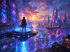 A lone traveler rises above a vast neon metropolis on a glowing platform, watching the sunset ignite distant towers. Brilliant holographic patterns, suspended districts, and radiant energy columns transform the skyline into a vision of possibility. The scene captures courage, renewal, and the exhilarating moment when hope lifts someone beyond former limits.