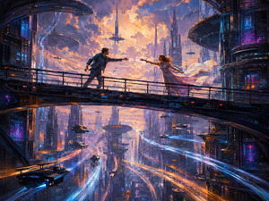 Two figures reach toward one another across a suspended bridge high above a futuristic city. Flowing fabric, rushing sky traffic, and luminous trails emphasize urgency and emotional momentum. Bathed in golden twilight, the scene portrays love as a powerful force capable of closing impossible distances and raising two lives toward a shared future.