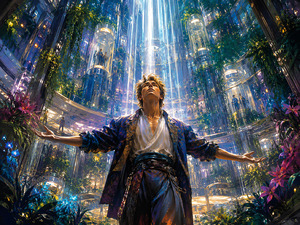 Inside a towering botanical atrium, a man stands with arms open beneath descending columns of brilliant light. Transparent elevators rise through lush gardens, glowing flowers, and layered metallic walkways. His peaceful expression suggests transformation and release, as though the surrounding city has answered an unspoken longing and lifted his spirit into freedom.