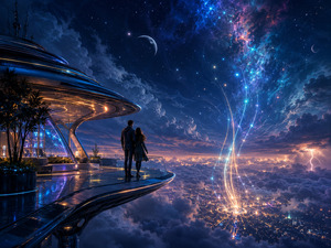 A couple stands together on a sleek observation terrace floating above clouds and a radiant city. Streams of blue and golden energy climb into a star-filled sky, connecting the world below with distant cosmic wonders. The intimate scene presents companionship as an anchor, allowing both figures to face the unknown with wonder.