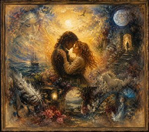 A glowing reunion unfolds within an ornate golden frame, where two lovers embrace amid oceans, moonlit stairways, white horses, roses, doves, lanterns, and fading faces. Warm sunlight meets deep blue night, while feathered edges soften the richly textured scene into a dreamlike collection of longing, memory, and homecoming.