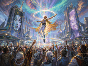 In a monumental futuristic plaza, a radiant figure levitates above a jubilant crowd within swirling rings of light. Towering architecture, enormous illuminated portraits, and aurora-colored energy frame the ceremony. Raised hands and joyful faces turn the ascent into a shared triumph, celebrating confidence, unity, and the extraordinary power of being uplifted.