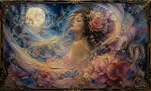 A serene woman rises from layered wax petals beneath a glowing moon, surrounded by sweeping ribbons of cream, blue, and lavender. Flowers merge with her flowing hair while delicate gold veins shimmer across the textured surface. An ornate dark-gold frame completes this romantic vision of beauty, stillness, and dreamlike admiration.