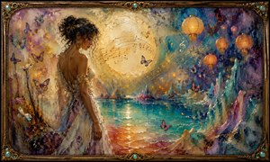 A graceful woman stands beside a luminous turquoise lagoon as butterflies, floating lanterns, and musical symbols drift through the enchanted air. A radiant golden moon illuminates crystalline shores and richly layered wax textures. The jeweled bronze frame enhances the scenes warm romance, mystery, and gentle musical movement.