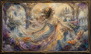 An elegant maiden floats through a magnificent city suspended among clouds, arches, bridges, and distant towers. Her flowing pastel gown blends into wind, flowers, and golden wax textures, making her appear part of the magical landscape. A classical bronze-and-gold frame surrounds this vision of freedom, beauty, and celestial wonder.
