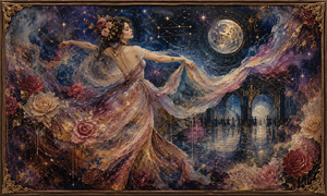 A beautiful dancer moves through a midnight sky filled with constellations, glowing moons, roses, and swirling cosmic veils. Her wax-painted gown flows across the stars toward a distant moonlit ballroom. Gold cracks and luminous highlights enrich the textured surface, while the ornate frame gives the scene timeless romantic elegance.