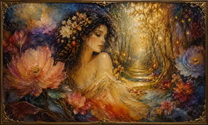 A dark-haired muse rests among enormous flowers beside a glowing golden forest pathway. Her figure blends naturally into molten wax petals, twisting branches, jewel-toned shadows, and floating lights. The richly textured composition suggests beauty discovered within nature, while a delicate gilded frame encloses the warm, intimate fantasy.