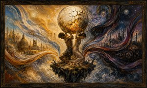 Two figures brace beneath a glowing fractured sphere while light and darkness divide the worlds around them. Flowing ribbons of gold and shadow, distant cities, and the floating island beneath their feet turn shared burden into mythic drama. The scene portrays endurance, partnership, and compassion carrying impossible weight together.