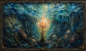 Within submerged clockwork ruins, a luminous flower rises through dripping blue wax above broken hearts, gears, and antique clocks. The cold depths contrast with the warm bloom at center, suggesting fragile hope surviving relentless pressure, sorrow, and time. An ornate frame completes this dreamlike vision of resilience.
