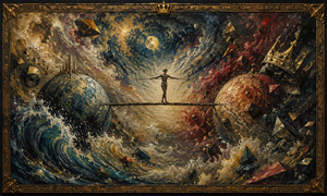 A lone acrobat balances across a narrow bridge stretched between two planets as waves, shattered forms, and broken crowns spiral through cosmic space. The dramatic composition captures instability, courage, and self-control at the edge of collapse. The gilded frame reinforces the theatrical tension of surviving pressure through balance.