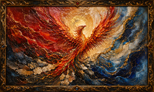 A radiant phoenix bursts upward through cracked wax and molten stone, its fiery wings spreading between red chaos and cool blue currents. Golden veins and luminous textures suggest release, transformation, and strength forged by overwhelming strain. Set within an ornate jeweled frame, the scene becomes a triumphant answer to pressure.