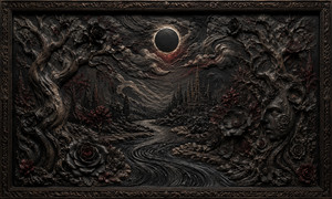 Beneath a blackened eclipse, a winding river threads through a twisted clay forest toward a distant gothic city. Dark roses, tangled roots, and a sorrowful face embedded in an ancient tree create a haunting vision of grief and transformation. Subtle crimson highlights and an ornate sculpted frame intensify the moody fantasy atmosphere.