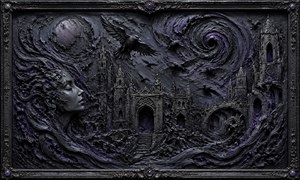 A ruined gothic city rises beneath a turbulent moon while ravens sweep through a vast purple-black vortex. At the edge, a serene face emerges from swirling clay as shattered towers and flowing shadows suggest memories consumed by darkness. The intricate jeweled frame completes this dramatic fantasy relief.