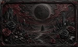 A solitary cloaked traveler crosses a barren clay landscape beneath an enormous black moon. Jagged crystal formations rise like frozen shadows, while deep burgundy and black roses crowd the foreground. Rich textures and a decorative floral frame transform loneliness, mourning, and emotional darkness into a powerful fantasy vision.