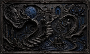 Faceless figures move through a surreal world of floating stairways, curling black ribbons, and glowing blue portals. A sculpted face, distant towers, and a small drifting boat suggest a journey through loss and memory. Deep blue accents illuminate the dark, heavily textured clay relief with dreamlike mystery.