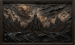 A towering gothic castle stands upon a jagged island surrounded by immense black waves. Thorn-like mountains rise beneath a fractured bronze sky as small crimson lights glow from the fortress windows. Sculpted currents, cracked clouds, and an antique dark frame give the scene a monumental, foreboding fantasy presence.