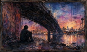 A solitary figure rests beneath a vast bridge as twilight colors spread across the water and distant city. Expressive hand sketch lines, layered paint, and abstract wall textures create isolation and reflection. Warm skyline lights beyond the bridge offer a quiet sense of hope within an ornate framed fantasy scene.
