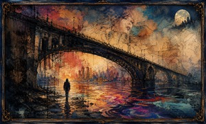 A lone traveler approaches an immense bridge spanning a river of swirling color while a dreamlike face emerges in the painted sky. Ink scratches, watercolor washes, and glowing reflections transform the city into a haunting fantasy vision of memory, longing, and emotional distance.