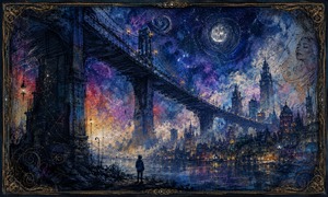 Beneath a star-filled cosmic sky, a small figure watches a towering bridge lead toward a glowing gothic city. Violet clouds, celestial spirals, moonlit water, and illuminated towers create magical distance, while intricate sketchwork and an elaborate frame deepen the mysterious fantasy atmosphere.