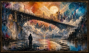 A hooded figure stands before a great bridge suspended between warm sunlight and cool celestial blue. Clouds gather around a distant city while stepping stones cross reflective water. Abstract symbols, energetic linework, and vivid paint suggest a journey through loneliness, imagination, and possible connection.