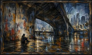 A seated figure shelters beneath a rain-darkened bridge beside reflective pavement and distant city lights. Blue, amber, and rust-colored paint washes capture the silence of the urban night, while rough sketch marks and a distressed frame emphasize solitude, vulnerability, and quiet contemplation.