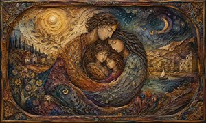 A family rests within a sweeping spiral of richly painted sawdust, surrounded by glowing suns, crescent moons, flowers, distant villages, and quiet coastal waters. Their close embrace becomes a shelter of memory and belonging, framed by intricate earthy ornamentation and deep jewel-toned textures.