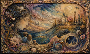 Two children and a small teddy bear sit beside a dreamlike sea, gazing toward a distant ancestral home. A peaceful womans face rises from the textured landscape while birds, flowers, moons, and circular memory portals surround them. The sculpted sawdust surface creates a tender storybook atmosphere.