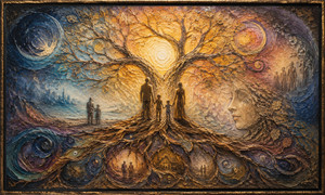 A luminous tree spreads its branches across generations while a family stands together upon its powerful exposed roots. Small scenes of home, companionship, and remembrance appear beneath the earth. Golden light, deep blue spirals, distant figures, and a serene face symbolize ancestry, connection, and enduring family bonds.