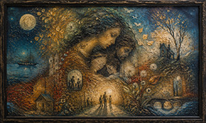 A protective family emerges from a richly textured landscape of moonlit water, glowing cottages, drifting leaves, bridges, and distant paths. Smaller figures walk toward a warm central light as though travelling through remembered years. Dark blues and glowing amber tones create an intimate vision of love, absence, and home.