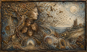 A great tree-shaped guardian watches over a close family gathered among roots, towers, birds, and weathered coastal ruins. Small illuminated doorways reveal private memories hidden within the landscape. Thick sawdust texture, muted gold, blue, and stone tones give the scene an ancient, emotional, handcrafted character.