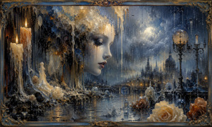 A sorrowful waxen face rises over a rain-soaked city of candles, pale roses, and reflective water. Moonlight and amber flames shimmer through dripping textures, blending romance, loneliness, and memory into an elegant dreamscape framed like a treasured vision of longing and return.