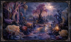 A magical garden of melting wax trees and oversized roses glows beneath a stormy violet sky. Rain ripples across a winding reflective stream while lantern-like blossoms cast warm light, turning the enchanted landscape into a fragile world of mystery, beauty, and quiet emotional wonder.