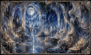 A vast cathedral of translucent wax arches rises beneath a brilliant full moon. Candles flicker beside flooded steps and mirror-like pools while rain falls through the sanctuary. A graceful spirit within the melting architecture gives the silver-blue scene a haunting mood of devotion and longing.