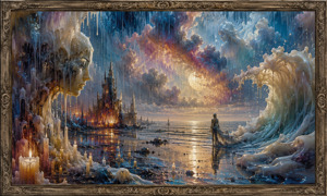 A solitary figure stands on a reflective shoreline between a glowing wax city and a towering wave. Sculpted faces emerge from melting cliffs and storm clouds while candles burn among the rocks. Rain and sunset light create a dramatic vision of distance, memory, and renewal.