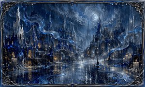 An enchanted midnight city stretches beneath swirling clouds, its gothic towers formed from blue and silver wax. Rain-polished streets reflect glowing windows, candles, and delicate lamps, while flowing ribbons of liquid light weave through the scene, turning the empty city into a mysterious landscape of returning memories.