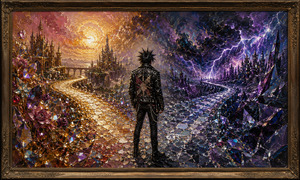 A lone punk figure stands at a glittering crossroads between two crystalline kingdoms. One path leads toward a warm golden castle beneath a radiant sun, while the other enters a violent purple storm filled with lightning and jagged towers. Crushed-diamond textures make every surface sparkle with uncertainty, danger, and possibility.