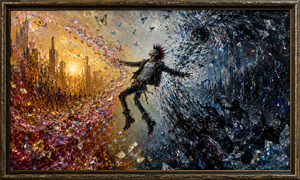 Suspended between opposing worlds, a rebellious figure is pulled toward glowing warmth on one side and a shadowy crystalline vortex on the other. Golden cities, butterflies, icy shards, and reaching silhouettes swirl around the body. The scene captures emotional tension, hesitation, and the restless struggle between remaining and breaking free.