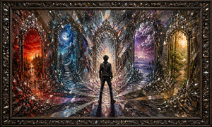 A punk traveler faces a magnificent hall of crystal doorways, each revealing a different possible future. Fiery red, moonlit blue, stormy violet, and peaceful gold realms surround a brilliant shattered portal. The diamond-covered floor radiates outward like broken choices, transforming indecision into a dazzling maze of alternate destinies.