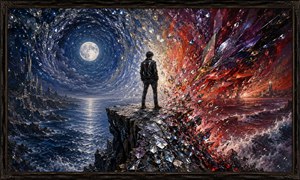 Standing on a fractured crystal cliff, a solitary figure watches two worlds collide. A calm moonlit ocean and spiraling blue sky occupy one side, while a violent red storm explodes across the other. Crushed diamonds scatter through the waves, sky, and cliff, expressing the sharp emotional divide between staying and leaving.