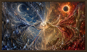 A luminous diamond heart hangs between two celestial kingdoms. Cool blue moonlight and icy gothic towers pull from the left, while fiery red architecture and an eclipsed sun draw from the right. Crystalline ribbons stretch the heart in opposite directions, symbolizing attraction, defiance, uncertainty, and the painful urgency of choosing.