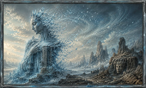 A monumental goddess formed from ice and weathered rock slowly dissolves into crystalline dust carried across a desolate valley. Ancient carved faces and jagged stone towers surround her, while pale sunlight breaks through storm clouds. The scene symbolizes beauty, memory, and existence gradually disappearing into the endless wind.