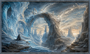 A solitary cloaked figure rests beneath enormous arches shaped from translucent ice and ancient stone. Glittering particles stream across the sky as frozen cliffs, distant spires, and a quiet river fade toward warm horizon light. The vast, silent landscape reflects contemplation, loneliness, and the temporary nature of everything.