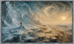 A pale figure sits where frozen cliffs gradually transform into cracked golden rock terraces. Above her, a magnificent spiral of dust, ice fragments, and stone rises toward a fading sun. The contrasting cold and warm landscape represents time passing, worlds changing, and memories being carried beyond reach.
