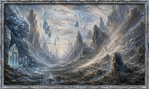 A calm stone-and-ice guardian watches over a vast valley filled with floating crystals, shattered mountains, and windblown mineral dust. The surrounding landscape appears to be breaking apart piece by piece. Soft distant light creates a haunting atmosphere of impermanence, ancient loss, and nature reclaiming everything.