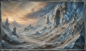 Ancient gateways and ruined towers stand trapped within a sweeping wilderness of ice and rock. A warm setting sun illuminates the distant mountains while frozen shards dominate the foreground. Empty roads and abandoned structures suggest a forgotten civilization slowly erased by time, silence, and relentless elemental winds.