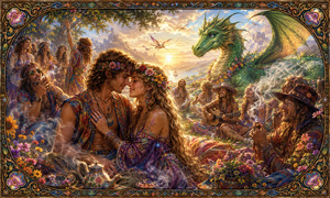 A flower-crowned couple shares a tender moment within a sunlit hippie gathering. Musicians, laughing friends, drifting smoke, and colorful wildflowers surround them, while a gentle green dragon watches from the hillside. The ornate floral frame completes this warm, romantic fantasy inspired by carefree mornings and magical friendship.